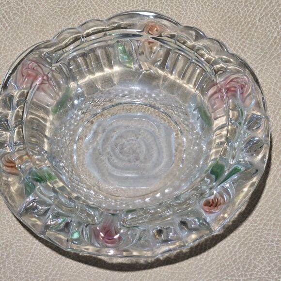 Other - Vintage Pink Rose Glass Inlaid Rimmed Ashtray w/ Green Leaves  6" Diameter